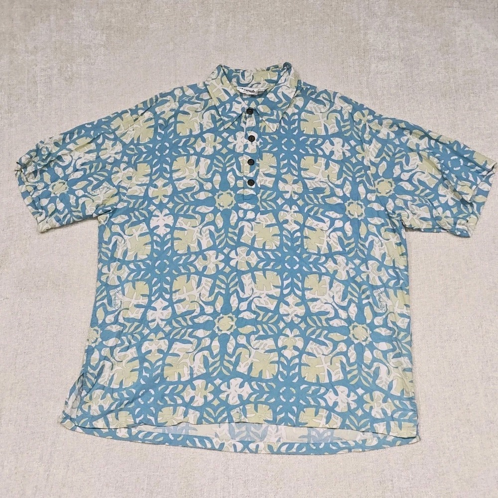Manuhealii XL Monstera Print Blue/Green Men's Hawaiian Shirt 100% Rayon